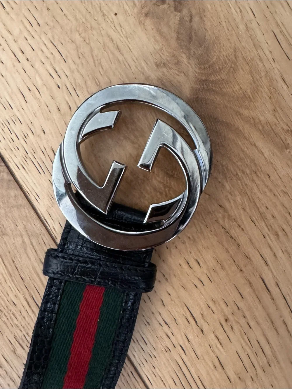 GUCCI MEN'S BLACK RED & GREEN WEB BELT WITH SILVER G BUCKLE SIZE 105 AUTHENTIC